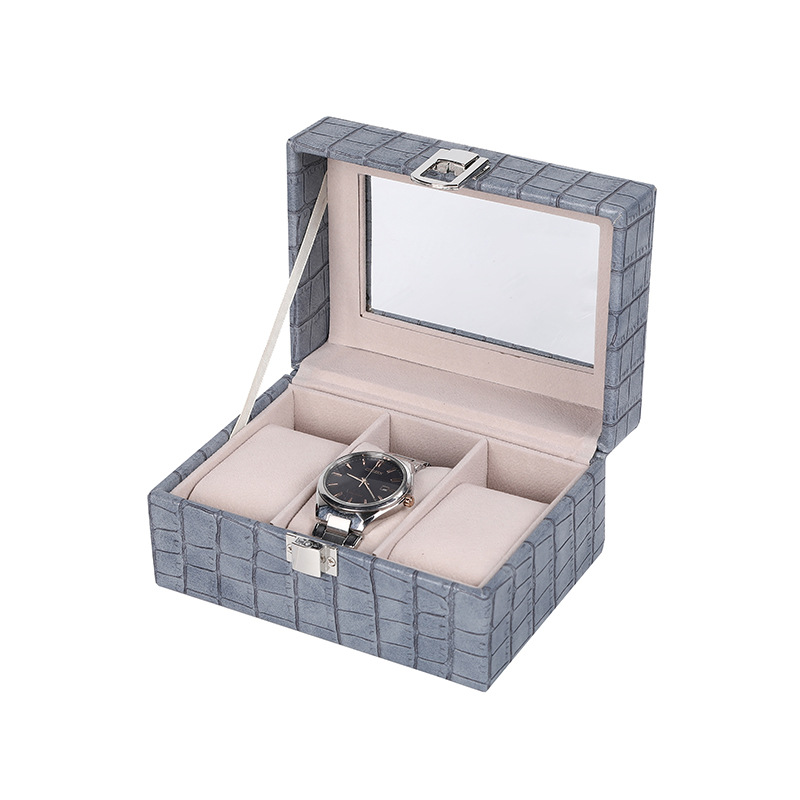 Korean Fashion PU Leather Lock Sealed Dustproof Jewelry Box Watch Ring Necklace Visual Three Grid Jewelry Box Wholesale