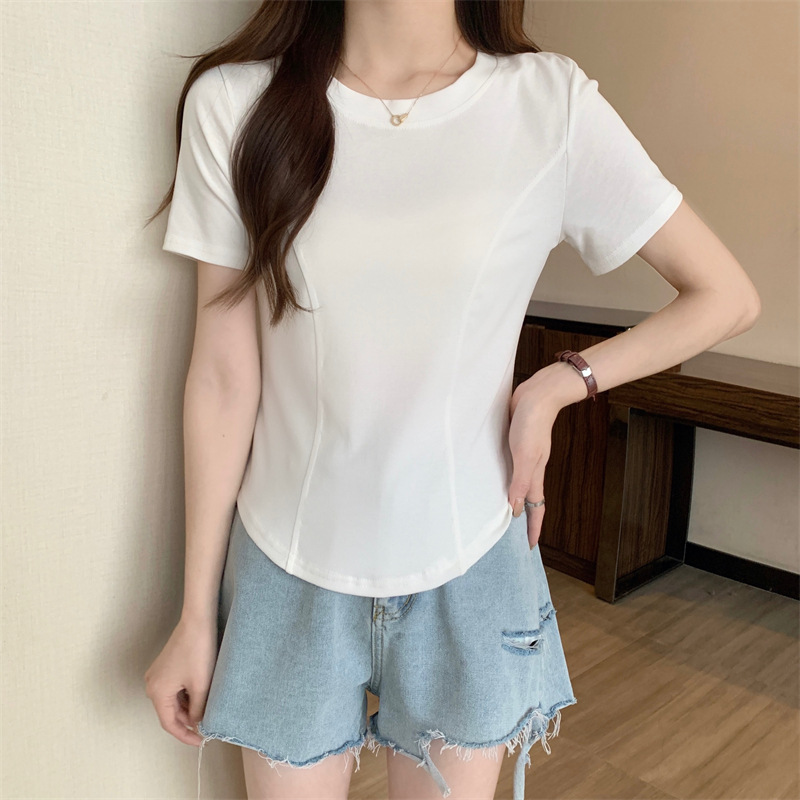 2024 Summer Popular Fishbone Pattern Slim-Fit Short-Sleeved T-shirt Women's Summer Simple Solid Color Inner Wear Half-Sleeve Korean Style Inner Top