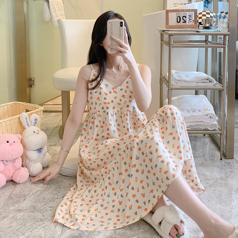 Artificial Cotton Nightdress Women's Summer New Small Floral Strap Dress Internet Celebrity Live Large Size Long Pajamas Home
