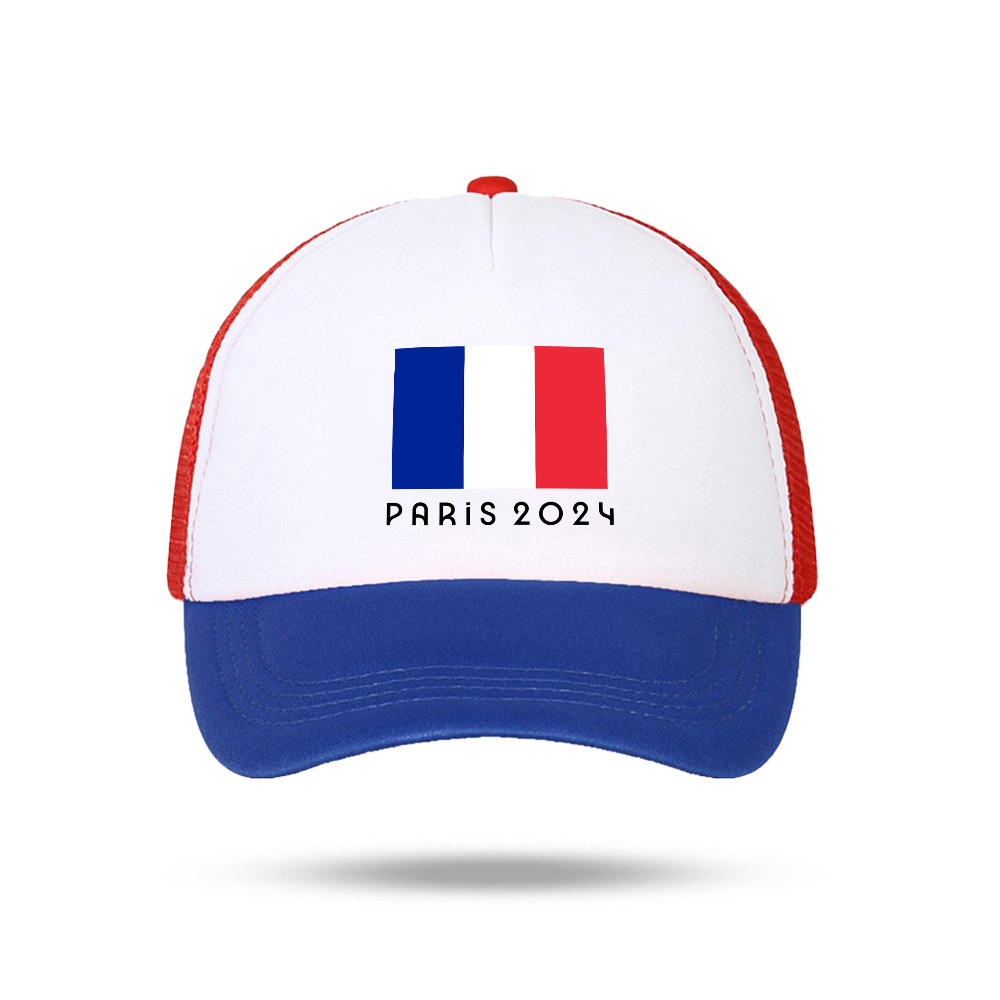 2024法国运动会帽子红蓝相间国旗棒球帽法国海绵网帽temu新款批发