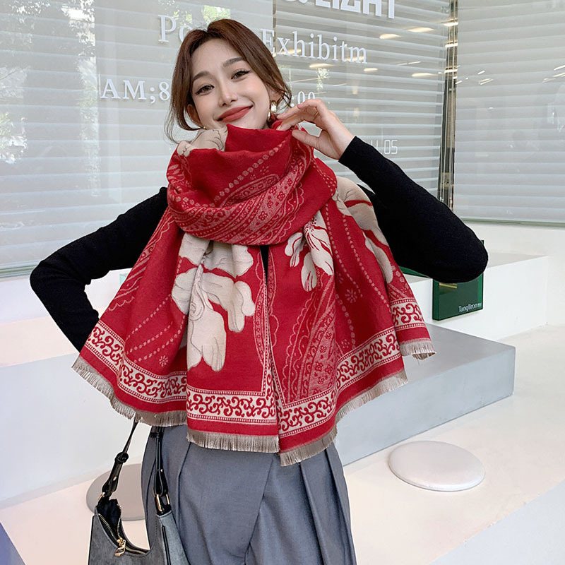 New Women's Scarf Autumn and Winter Peony Flower Scarf Thickened Double-Sided Cashmere-like Warm Talma All-Match Scarf