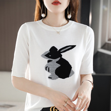夏季短袖女士冰丝亚麻针织丝光棉短袖T恤圆领兔子宽松显瘦潮代发