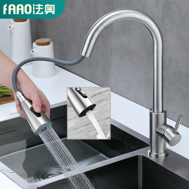 Faao Bathroom 304 Stainless Steel Pull-out Kitchen Faucet Double Water Hot and Cold Sink Faucet Water Tap