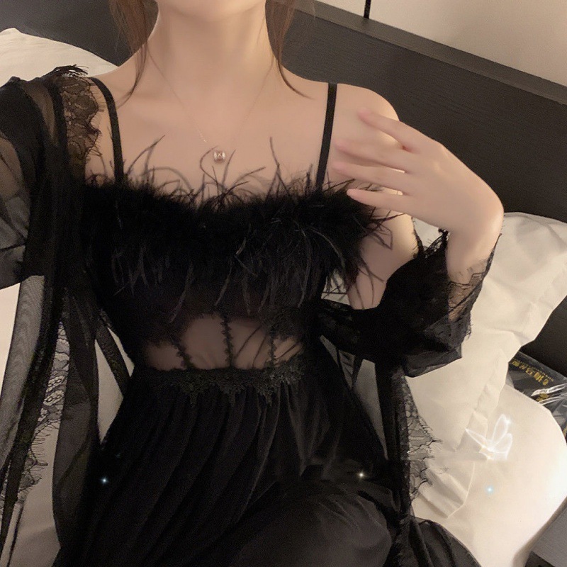 Morning Gowns Bridal Wedding Feather Sexy Sling Nightdress Long Ice Silk Pajamas High Sense [Shipped Within 15 Days