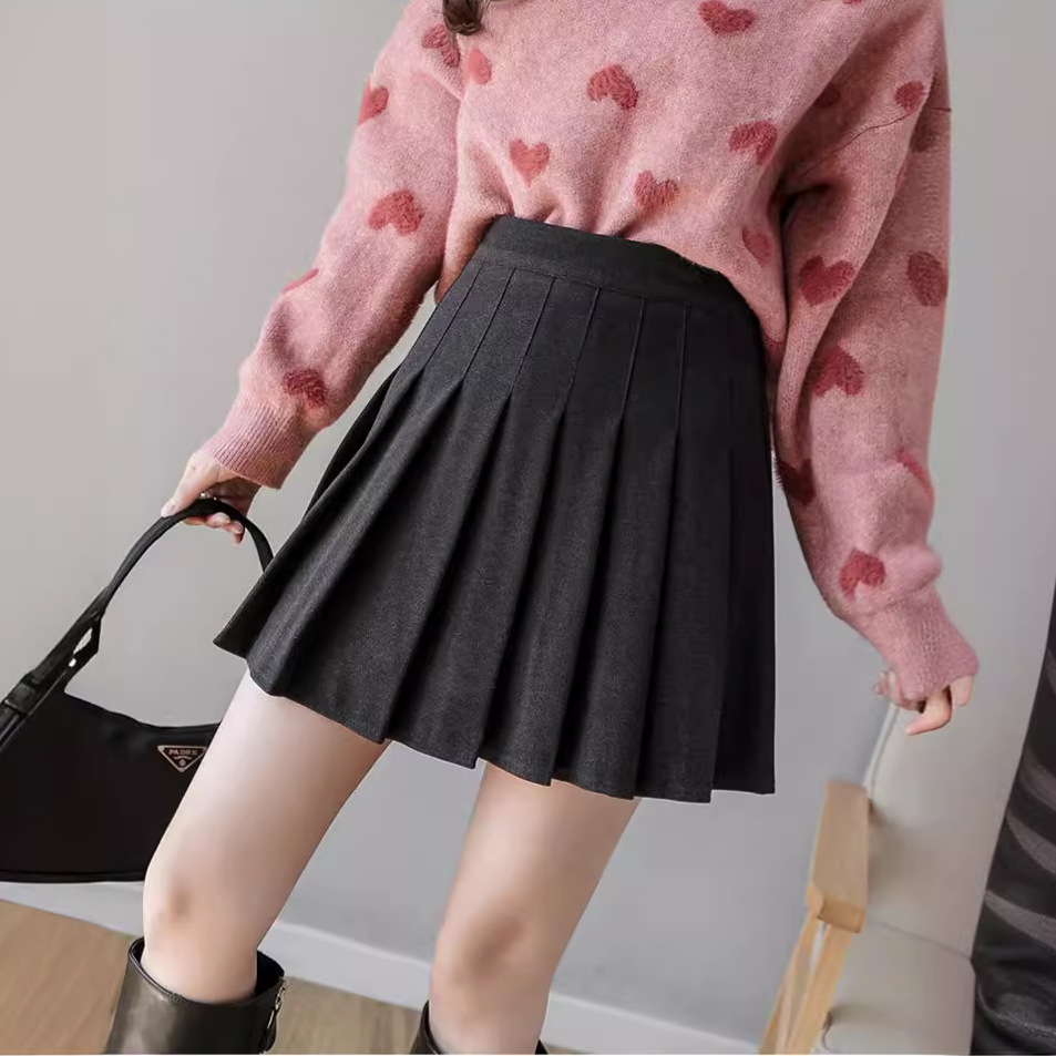 黑色百褶裙女半身裙短裙春秋冬2024新款高腰学生jk毛呢裙子a字裙