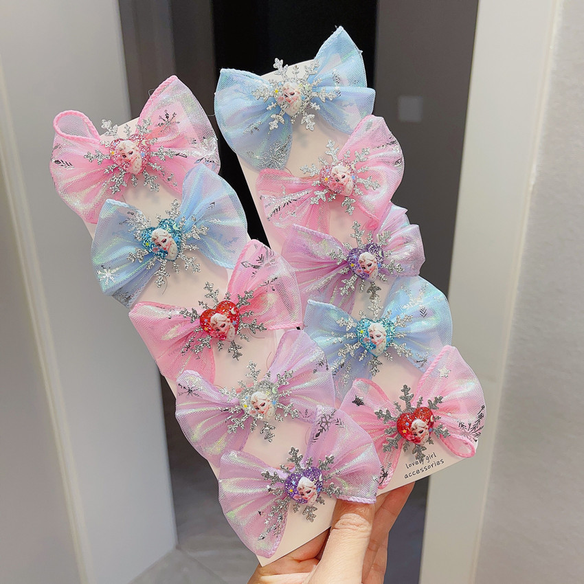 Girls Hair Accessories Frozen Bow Barrettes Princess Elsa Head Clip Colorful Cute Yarn Hairpin Bang Side Clip