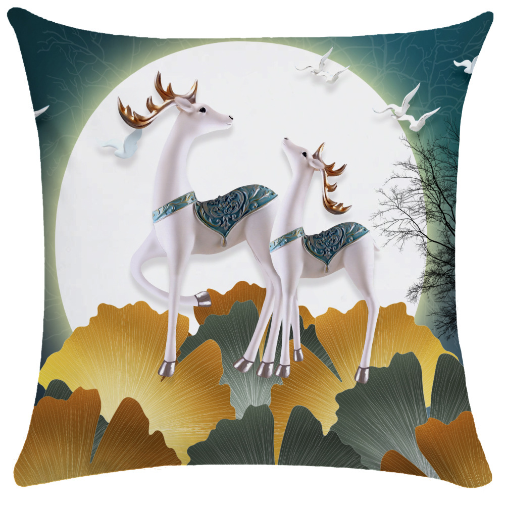 Elk Animal Ribbon Landscape Pillow Cross-Border Pillow Cover Pillow Back Seat Cushion Sofa Cushion Nordic Sleeping Pillowcase