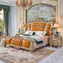 欧式真皮床实木床1.8米双人床主卧室雕花烤漆奢华香槟色贴金箔床