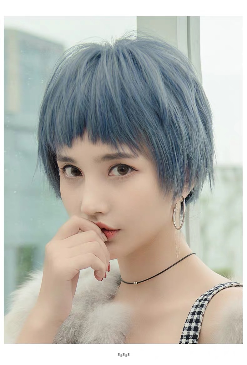 假发短发女夏季 雾霾蓝狗啃短直发蓝色时尚cos非主流仿真全头套式