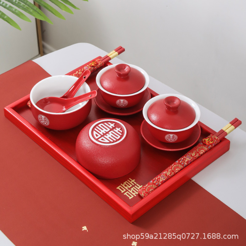 Marriage Dowry Bowl Red Bowl-to-Bowl Chopsticks Modified Tea Ceremony Wine Glass Festival Red Cup Tea Set Tray Set Gift Wedding Supplies