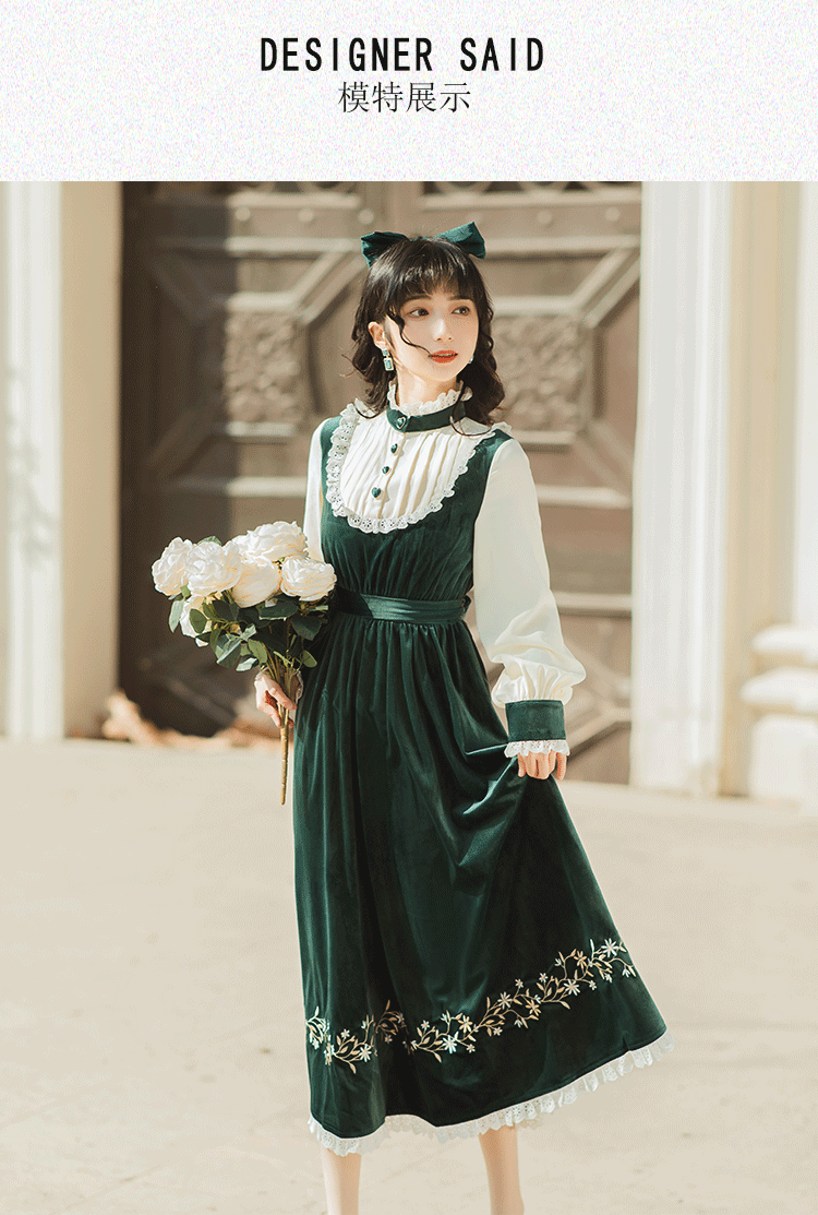 春秋季新款祖母绿古董娃娃感古典收腰减龄小洋裙