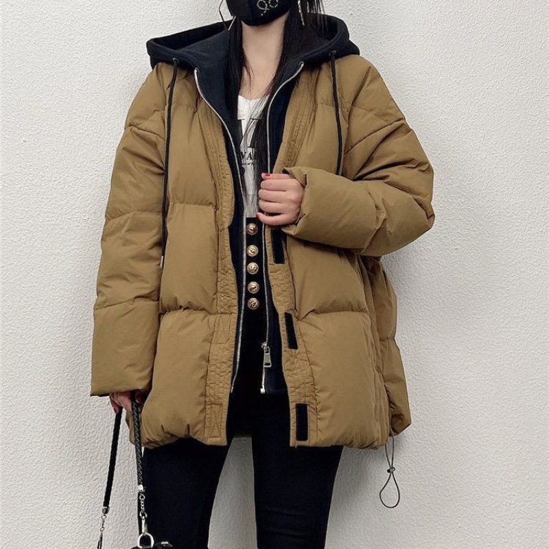 欧货假两件新款羽绒服女中长款韩版宽松连帽小个子加厚卫衣外套女