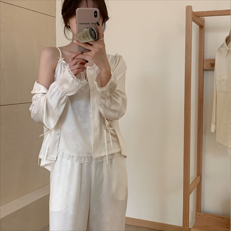 2024 Spring and Summer French Romantic Three-Piece Set Can Be Worn outside Lace Edge Home Wear Suit Comfortable plus Size Ice Silk Pajamas