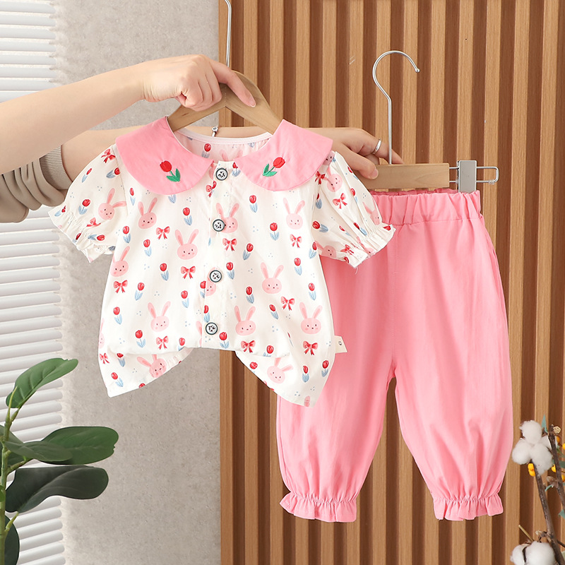 Foreign Trade New Girls' Summer Clothes Rabbit Cardigan Short Sleeve Suit Summer Children's Casual Baby Girls' Cropped Pants Two-Piece Suit