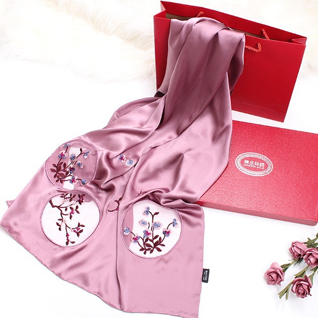 刺绣母亲节礼品中国风丝巾100桑蚕丝真丝丝巾女围巾披肩丝绸围巾