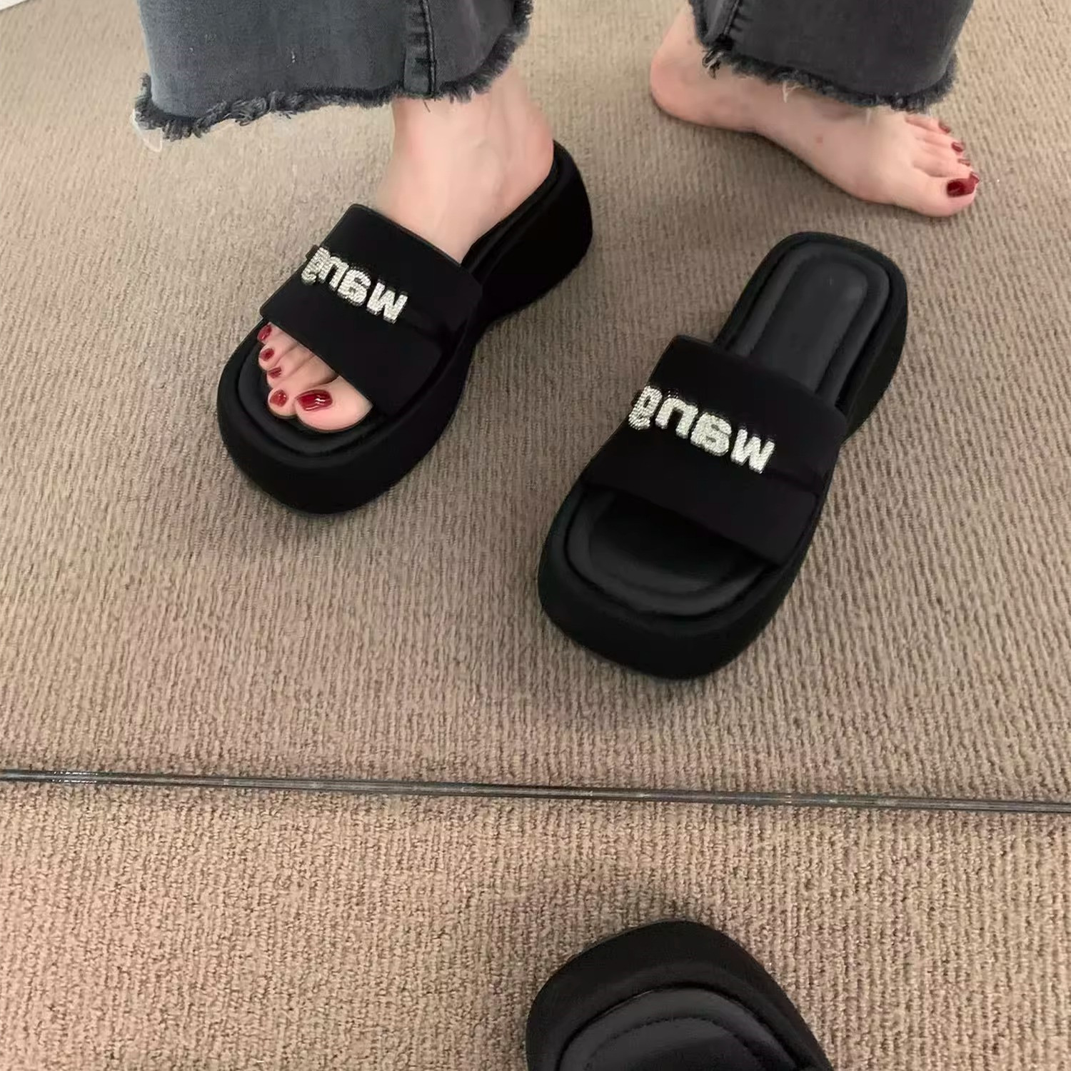 Fangui ~ Classic Style Roman Sandals with Skirt Thick Bottom Black Slippers Women's Summer Outer Wear Evening Style Muffin Sandals