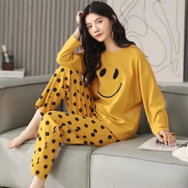 Spring and Autumn Long Sleeve% New Pajamas Women's Sweet plus-Sized plus Size Two-Piece Suit Home Wear for Winter and Summer