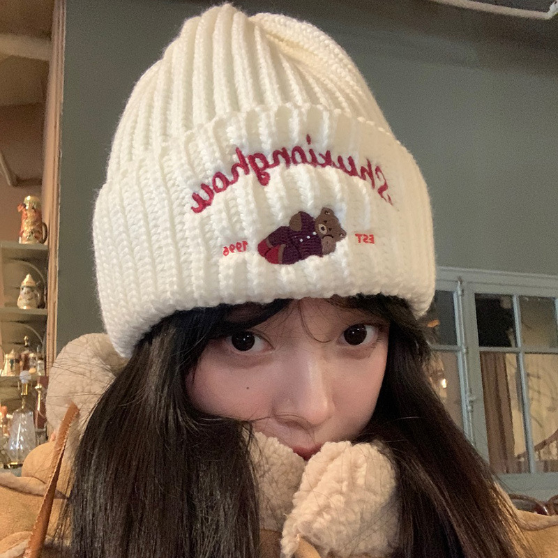 Korean Style Ins Embroidered Bear Knitted Hat Women's Autumn and Winter New Warm All-Match and Cute Woolen Cap Ear Protection Beanie Hat