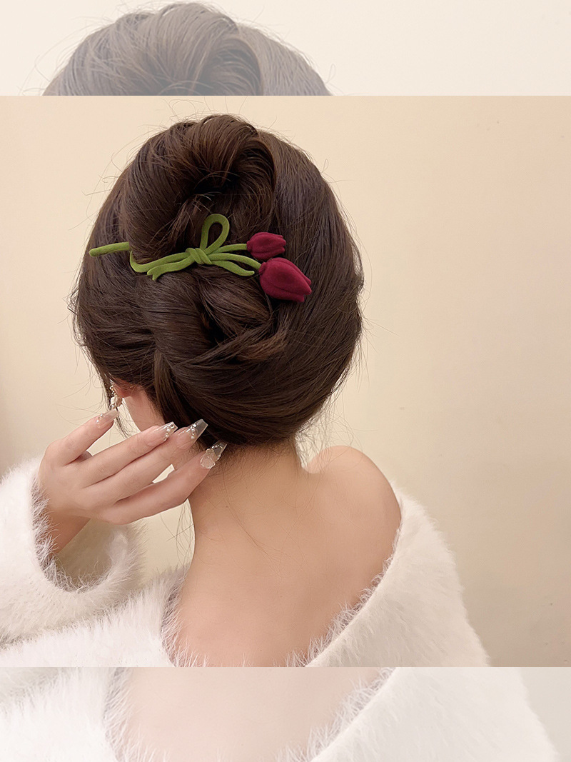 Autumn and Winter Flocking Tulip Barrettes Women's Back Head Updo Hair Claw Large Clip Headdress High Sense Single Line Clip