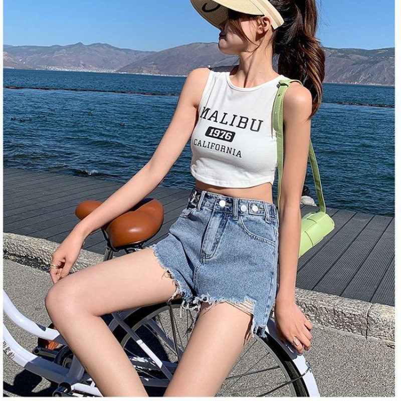 高腰水洗破洞女生显瘦2024毛边牛仔短裤热裤外穿阔腿夏天辣妹