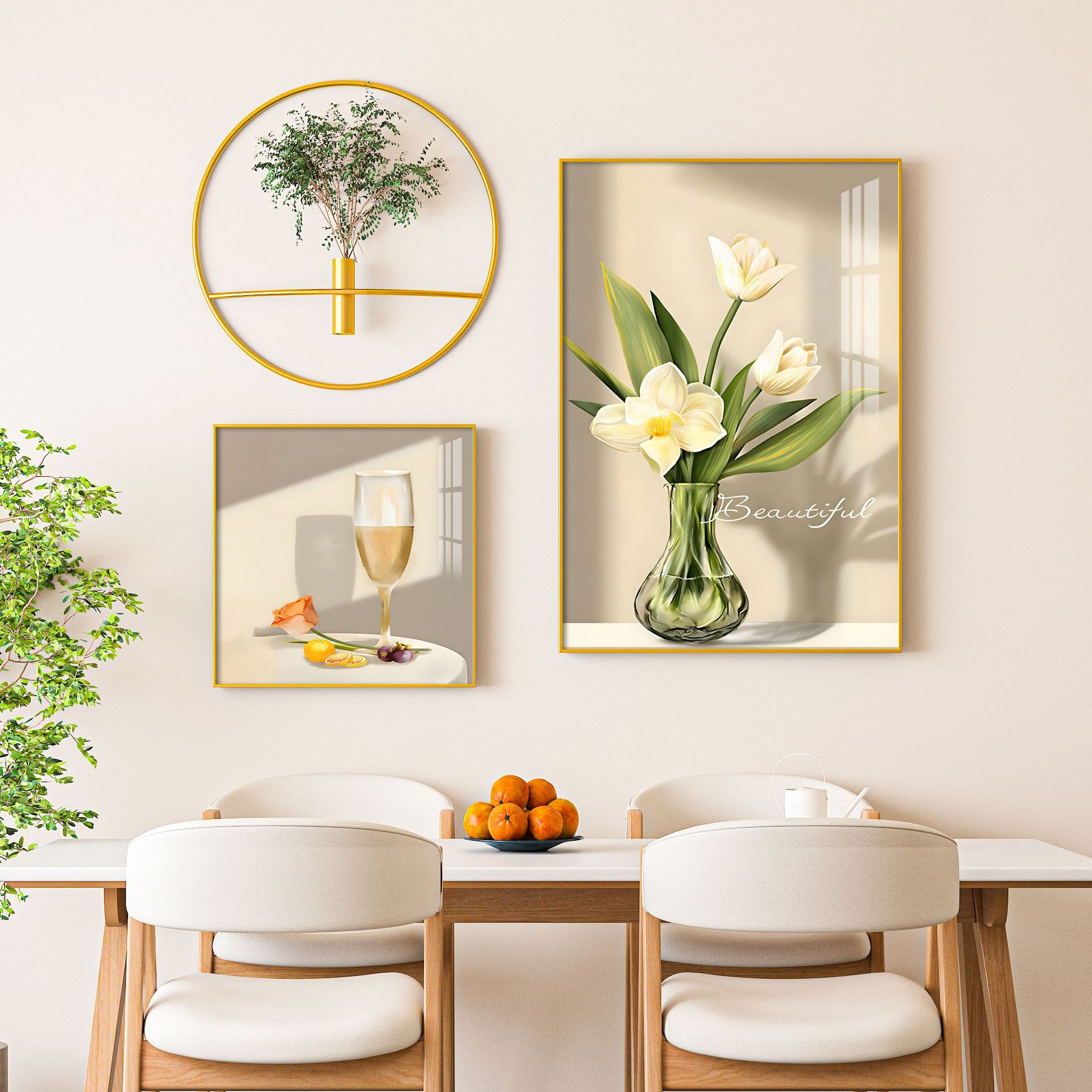 新中式铝合金创意现代简约餐厅装饰画背景相框照片墙铁艺插花组合