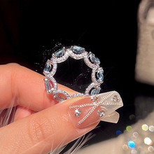 新款海蓝宝轻奢冰糖戒指女小众设计花环个性闪钻排钻质感华丽指环