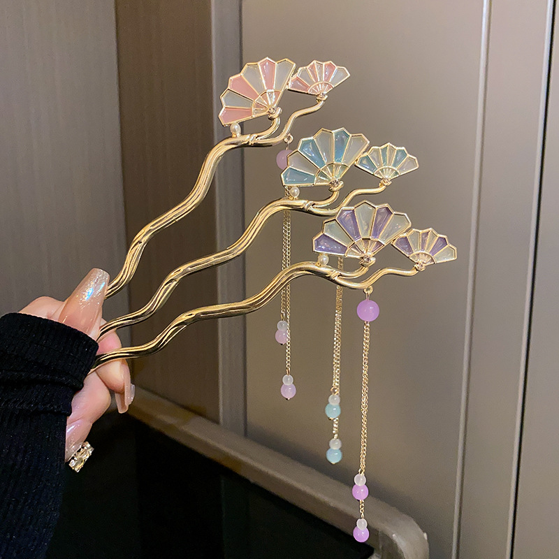 超仙扇子流苏古风发簪汉服步摇头饰新中式高级感簪子旗袍现代簪子