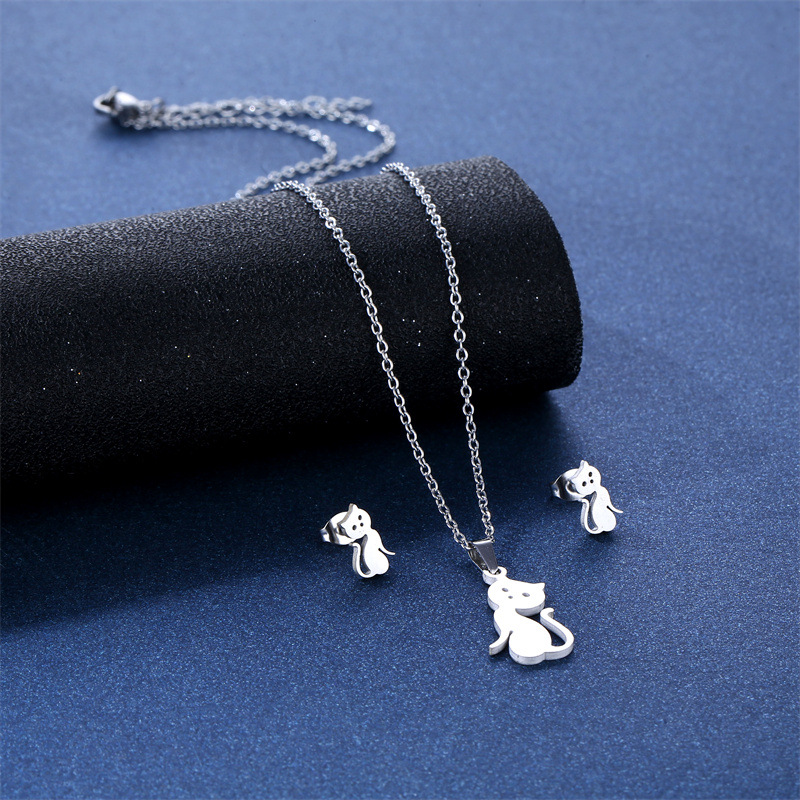 Cross-Border Sold Jewelry Stainless Steel Cute Kitten Necklace and Earring Suit Female Fresh Cat Cat Pendant Jewelry Clavicle