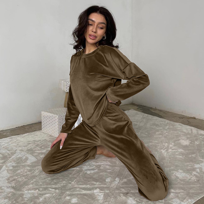 European and American Autumn Fashion Satin round Neck Women's Pajamas Two-Piece Set Comfortable Soft Long Sleeve Trousers Home Wear