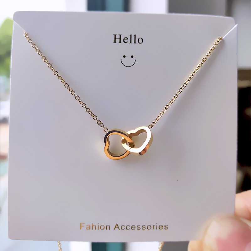 Korean Style 18K Rose Gold Simple Double Ring Heart Clavicle Chain Titanium Steel No Fading Online Influencer Necklace Niche Ins Ornament
