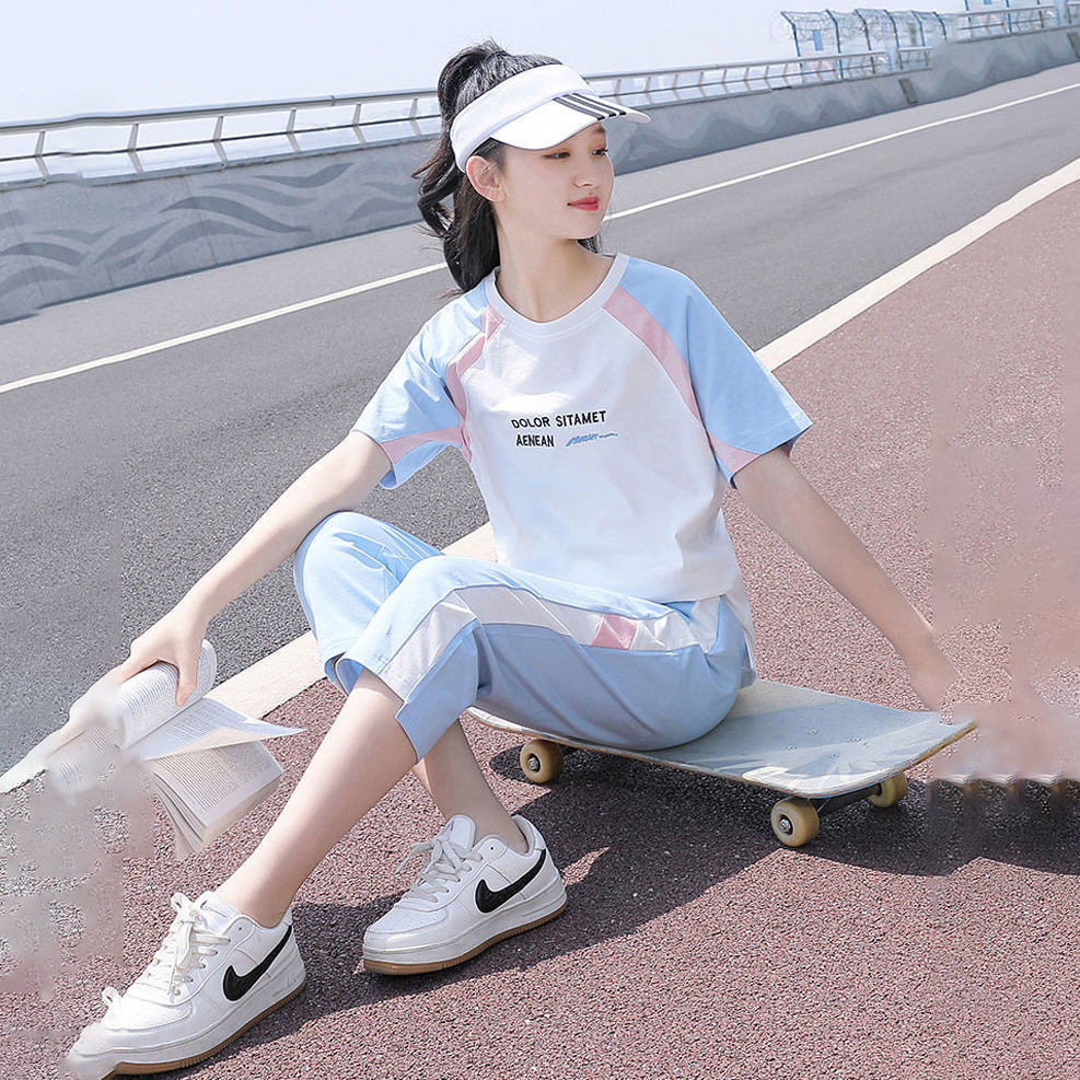 unmun学生短袖t恤裤子两件套宽松少女夏装15岁女孩16夏季新款运动