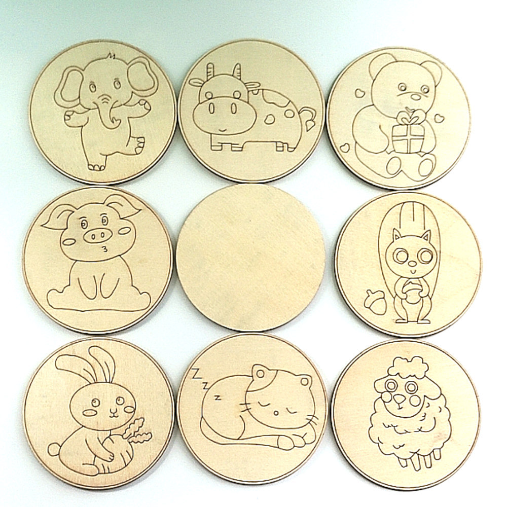 跨境手工diy卡通动物圆木片幼儿园儿童画涂鸦上色材料益智教学板