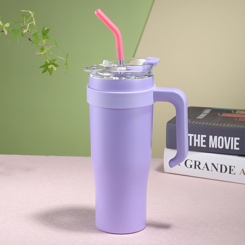 New 304 Double-Layer Vacuum Large Ice Cup Cross-Border Stainless Steel Vacuum Cup with Handle Portable Cup with Straw