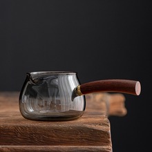 烟灰色耐热玻璃木把公道杯日式公杯侧把茶海耐高温分茶器茶具配件