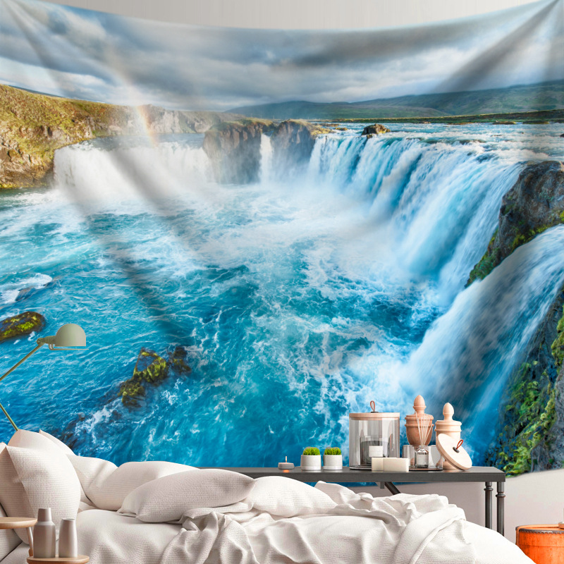 自然风景印花挂毯 瀑布景色直播背景布装饰墙布 ins风床头挂布