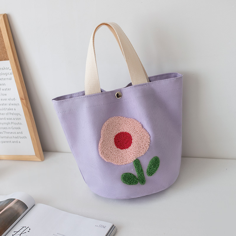 Embroidered Canvas Handbag Women's New Korean Towel Embroidery Student Large Capacity Lunch Box Lunch Bag Tote Bag for Going out