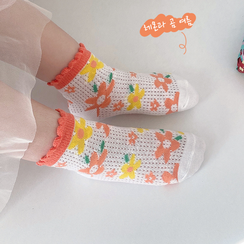 Children's Socks Wholesale 23 Spring and Summer Thin Cherry Flower Baby Mesh Stockings Wooden Ear Cotton Girls' Socks