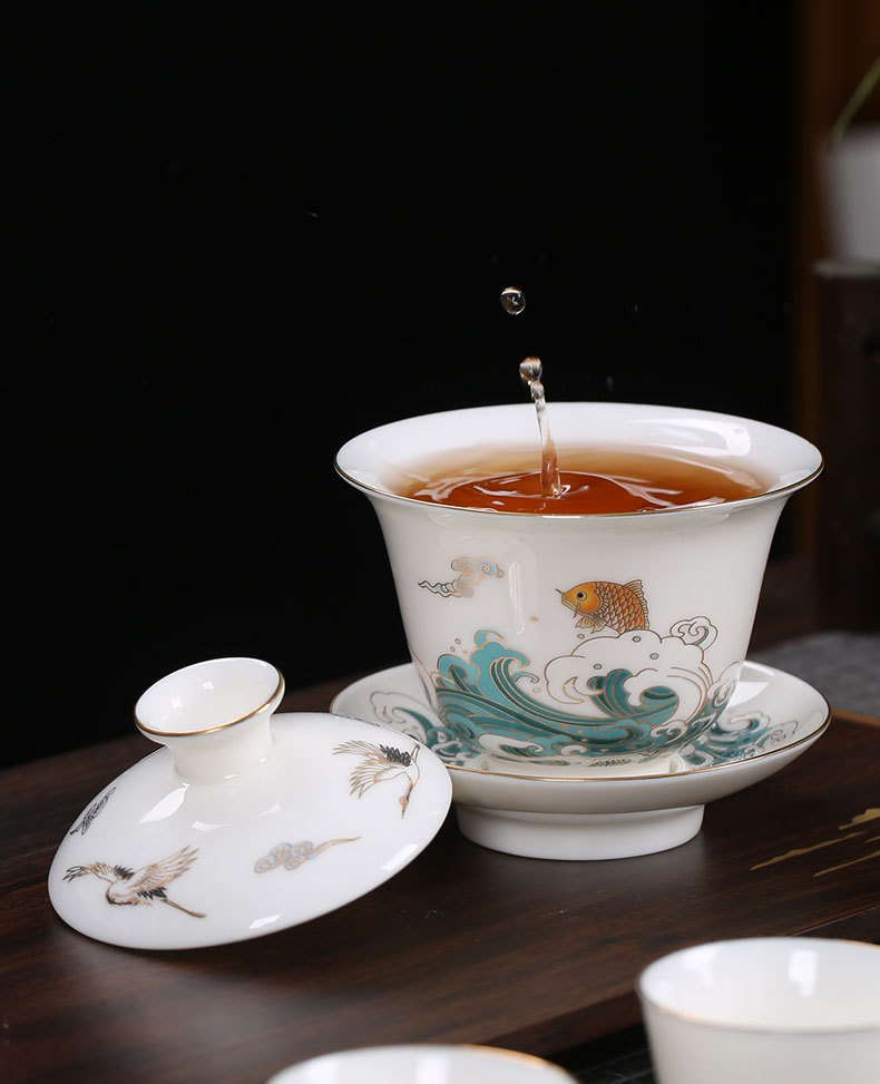 德化羊脂玉白瓷三才盖碗 陶瓷家用功夫茶具单泡茶敬茶碗礼品定制