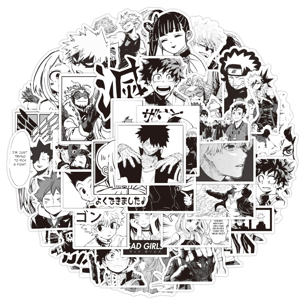 50张黑白漫画涂鸦贴纸防水行李箱笔记本滑板车电动车汽车贴纸