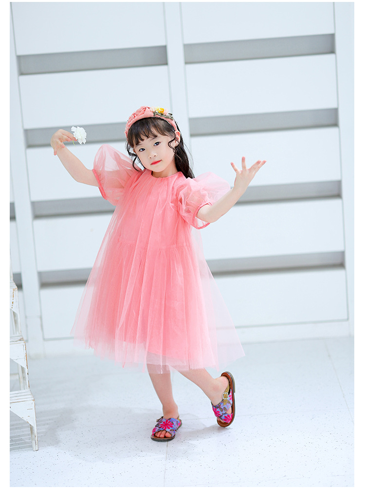 女童仙女裙粉色纱裙女宝宝夏季新款泡泡袖连衣裙洋气长裙欧美风潮