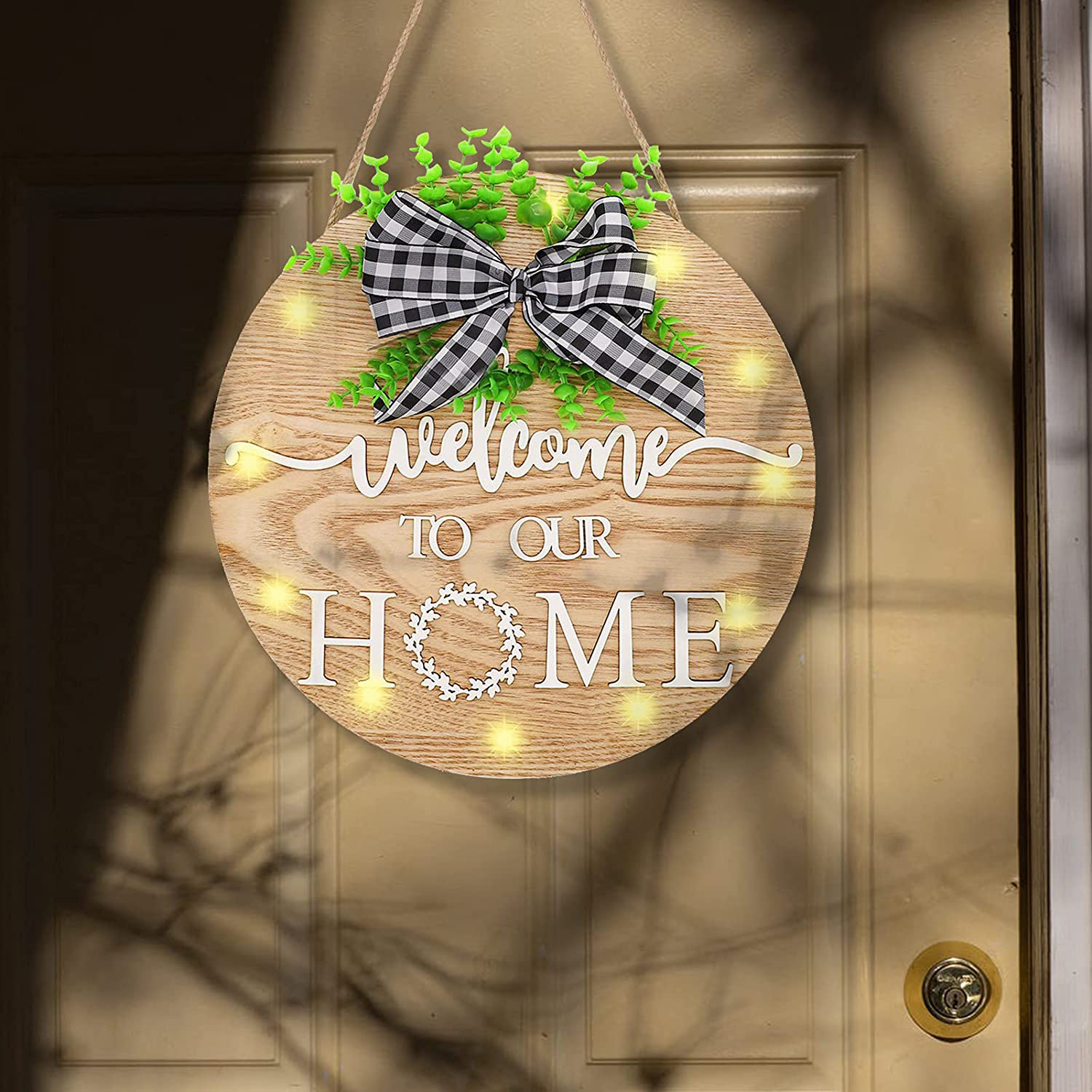 木质发光装饰圆形欢迎木质挂牌 welcome木制悬挂门牌标志