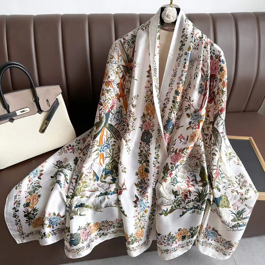 New Sunscreen High-End Imitated Silk Scarves Women's Korean Style Scarf Printed Gift Silk Ethnic Style Shawl Beach Towel