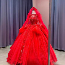 红色中式主婚纱2023新款新娘高级感复古宫廷风重工奢华长袖大拖尾