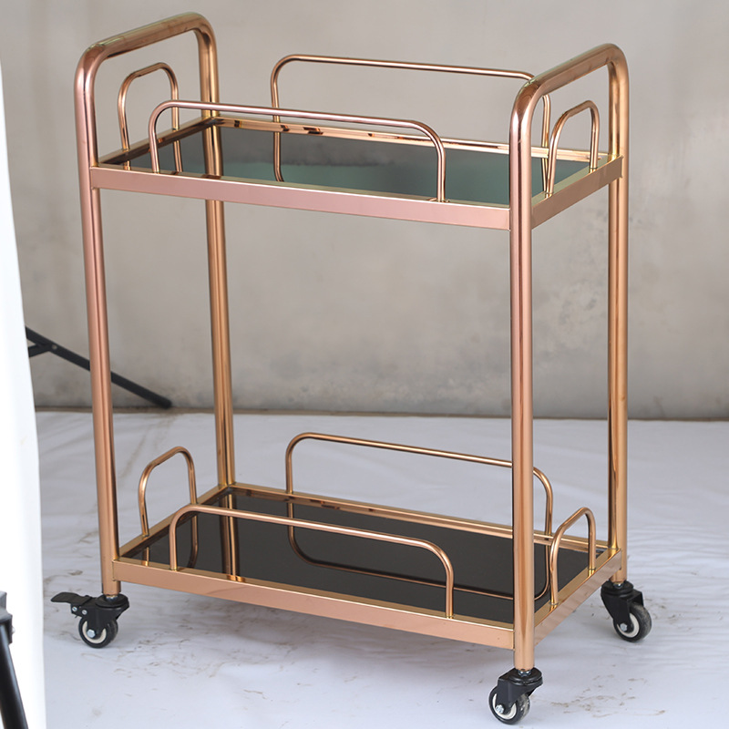 酒店餐厅玫瑰金玻璃小手推车移动酒水茶水火锅配送车美容院置物车