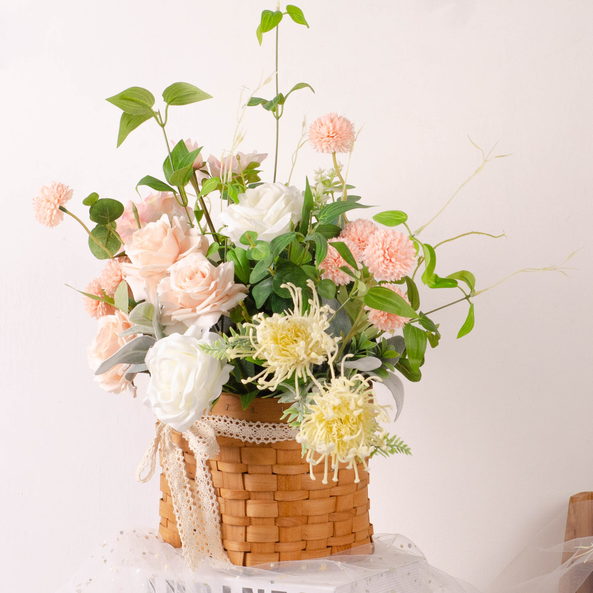 春天唯美小清新款手提花篮春色牡丹玫瑰 家居客厅后花园门前装饰