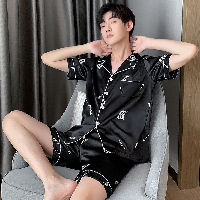 睡衣男 夏季丝绸薄款男士家居服冰丝夏天短袖短裤加大码200斤套装