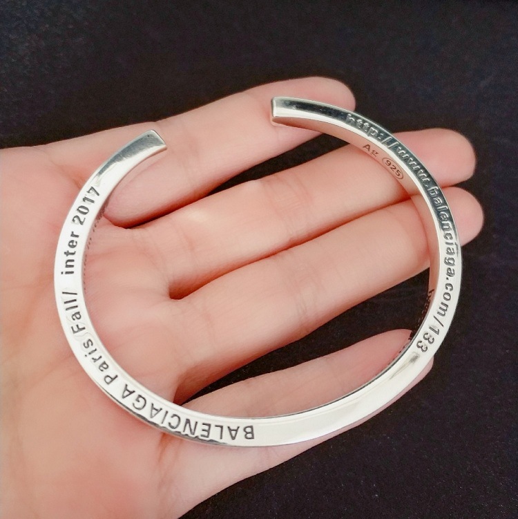 s925银手镯男女韩版复古印花个性巴黎风格字母数字开口手环情侣款