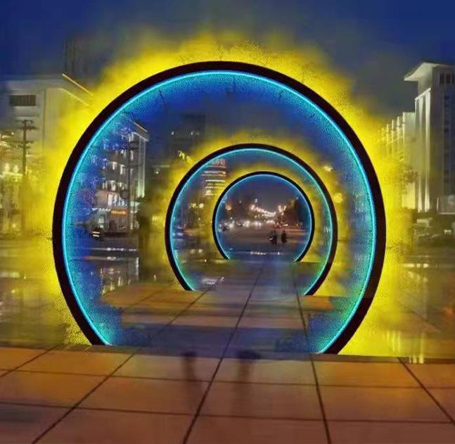 水雾门圆环景观户外园林不锈钢拱门艺术雕塑装置雾森系统网红雾门