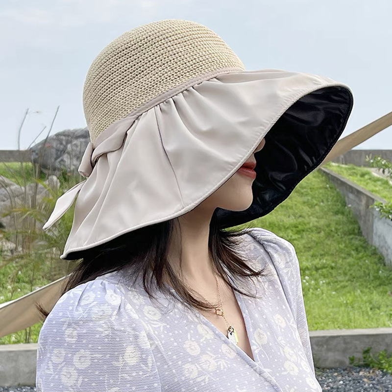 Hat Female Summer Big Brim Black Glue Fisherman Hat Upf50 + Sun Hat Bow Cover Face Sun Hat Sun Hat Female