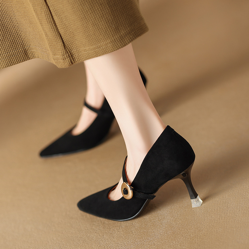 女鞋春夏季新款鞋子尖头细跟高跟鞋金属扣四季通勤玛丽珍鞋单鞋女